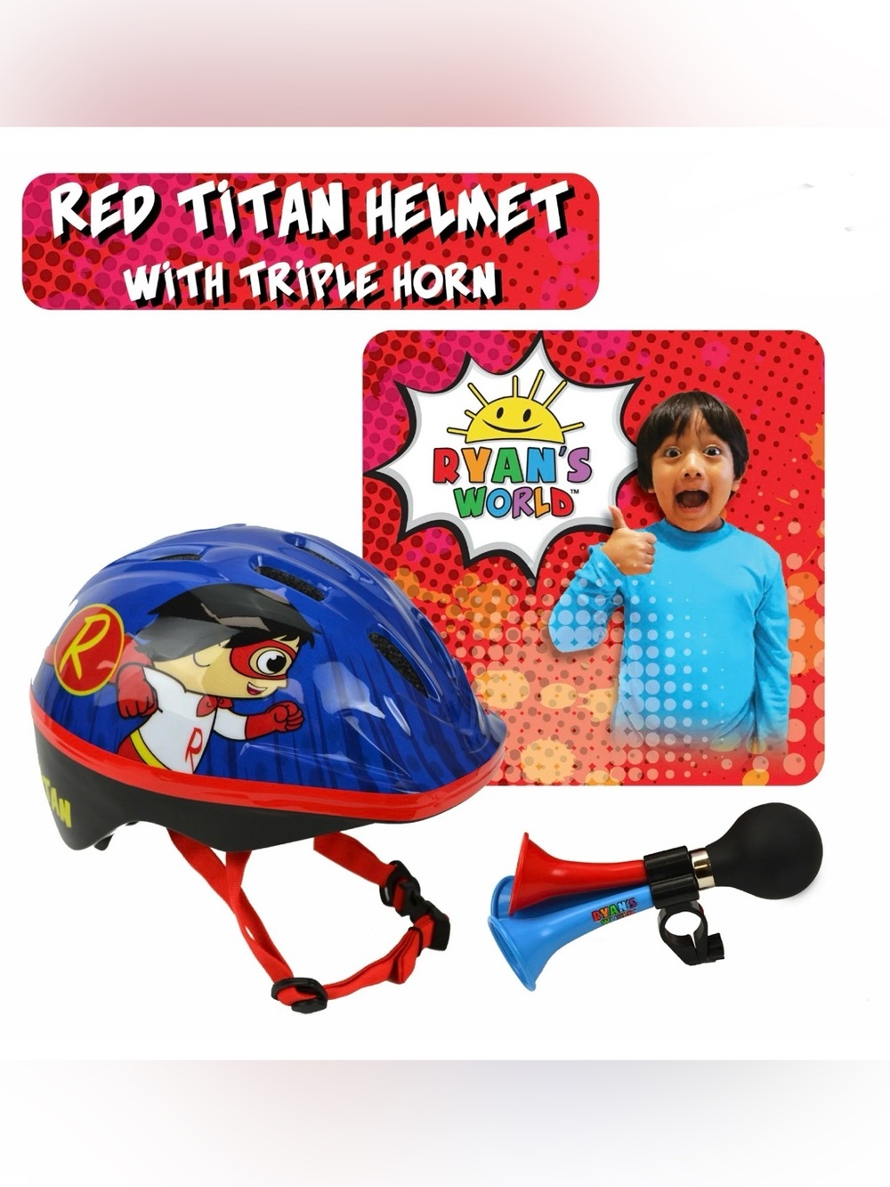 Red Titan Helmet - Kids Helmet in Blue with Red Trim and Triple Horn